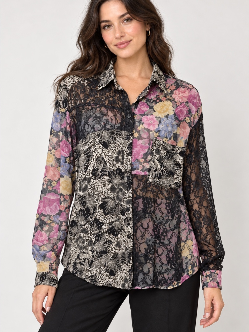 Vintage 90s Jonathan Martin Floral Lace Patchwork Blouse M